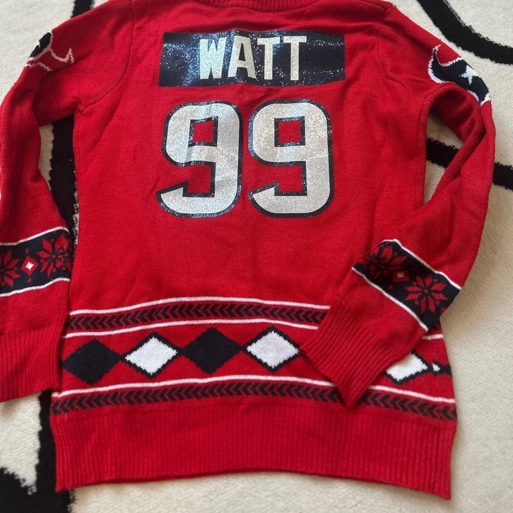 NFL team apparel Houston Texans JJ Watts crewneck red long sleeve knit sweater - Picture 4 of 7